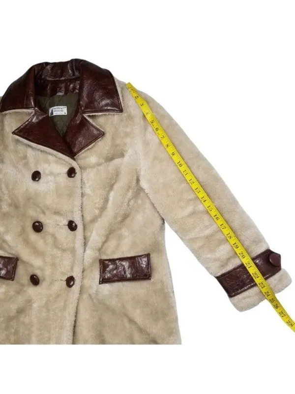 Vintage Fingerhut Fashions Fur Leather Coat Double Breasted Buttons Beige Sz 12 - Image 4