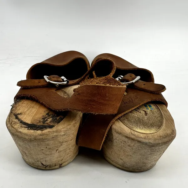 Lotta Highwood Clogs Leather Ankle Strap Heel Closed Toe Wood Cognac Brown 9 - Image 5