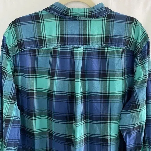 Gap Plaid Lived-In Cotton Long Sleeve Button Down Shirt Blue Aqua Size XL - Image 7