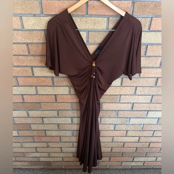 House of Harlow 1960 Draped Ruched Brown Slip Dress Beaded Detail Size Small - Image 2