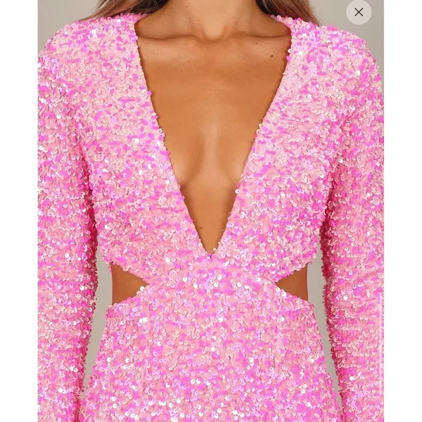 Petal & Pup Kelly Pink Sequin Velvet Mini Dress V Neck Cutout Long Sleeve Small - Image 2