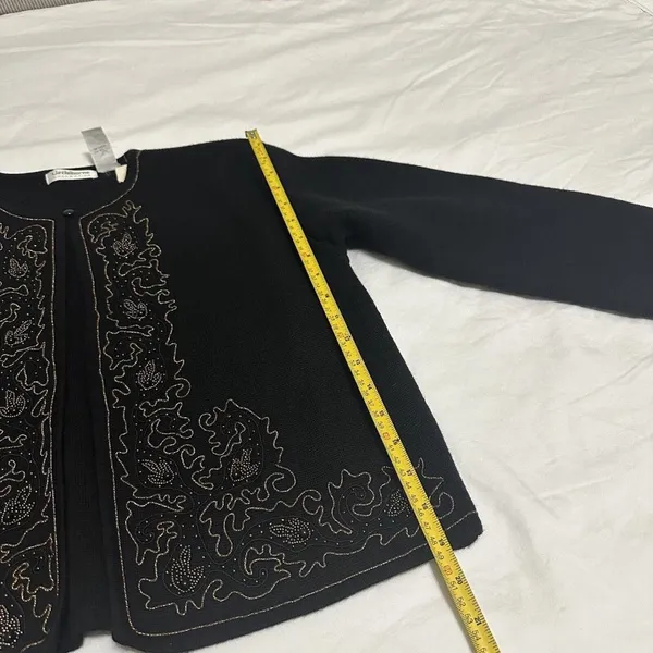 Vintage Black 100% Merino Wool Cardigan Sweater Sz M Medium Beaded - Image 5