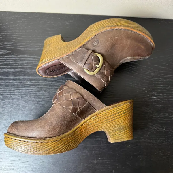 Born Brown Chunky Leather Braided Buckle Platform Clogs Mules Heels Womens 7 - Image 6