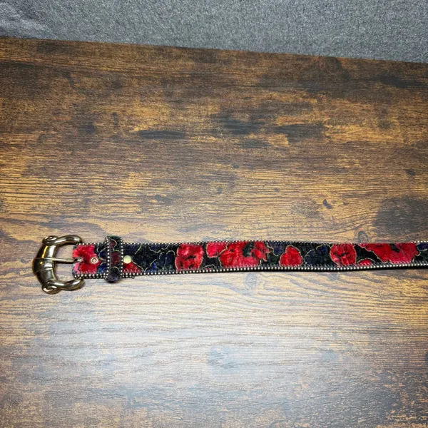 Vintage Floral Velvet Belt Womens Medium Large Red Blue Gold Buckle Studded Trim - Image 2