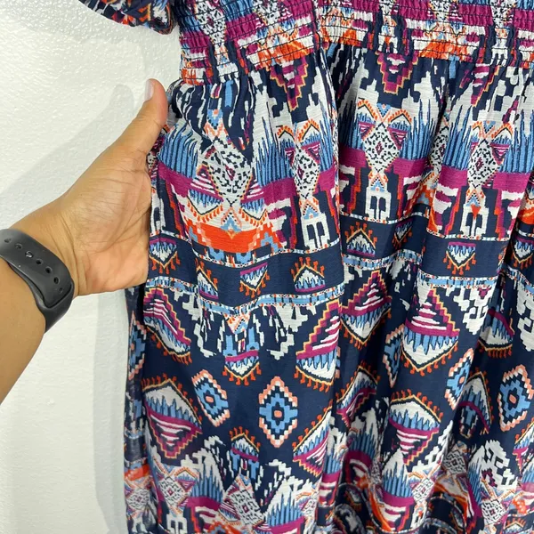 Old Navy Boho‎ Tiered Midi Dress Geometric Print Puff Sleeve Smocked Waist Lined - Image 7