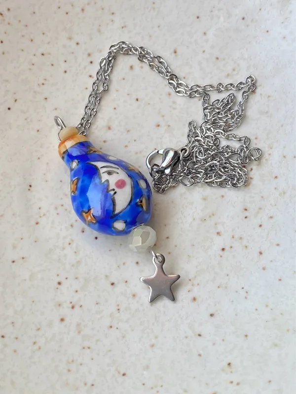 Handmade ceramic moon & star whimsical fairy boho funky vintage style necklace🌟🌛🧡 - Image 7
