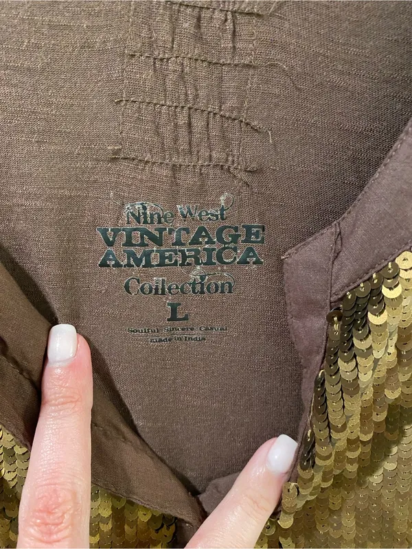 Nine West Vintage America Collection Button-Front Top with Gold Sequins - Image 3