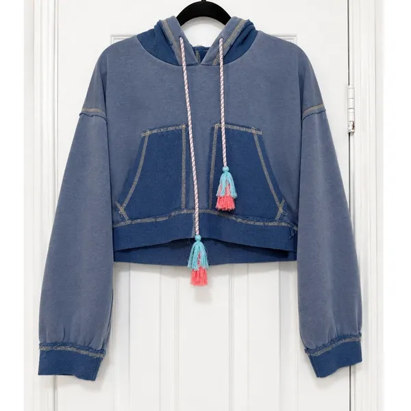 POL Cropped Oversized Hoodie Blue Mineral Wash Tassel Drawstring Sweatshirt S - Image 2