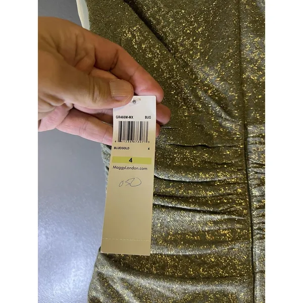 Maggy London Dress Womens 4 Gold Metallic Chevron Ruched V Neck Sheath Midi - Image 12