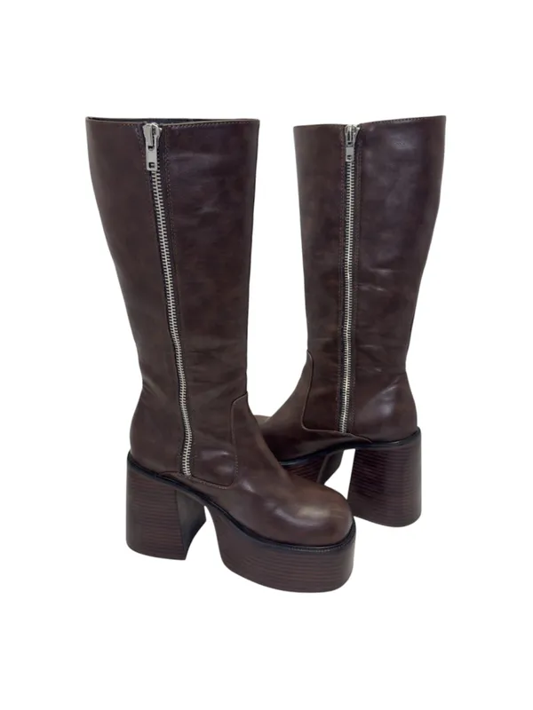 Vintage Sole Delia’s Knee-High Chunky Platform Brown Leather Boots Size 9 - Image 2