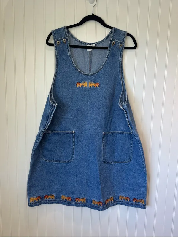WWF Womens Rare Vintage Denim Overall Dress India Cat Embroidery Plus Size 1x - Image 2