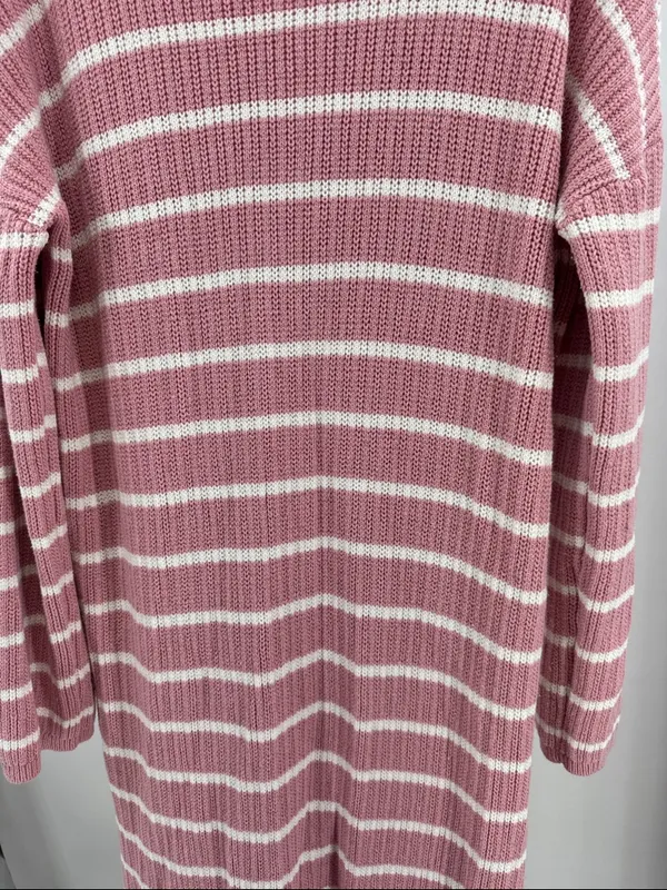 Merokeety Striped Pink sweater Maxi Dress v-neck Collared L side slits casual - Image 4