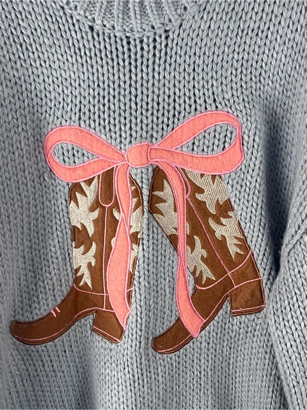 BAEVELY Blue Chunky Knit Cowgirl Boots Graphic Drop Shoulder Sweater Size Medium - Image 8