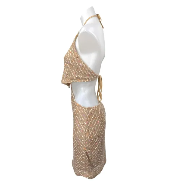 NEW Molly Green Brown Sleeveless Knitted Halter Tie Cutout Mini Pencil Dress L - Image 3