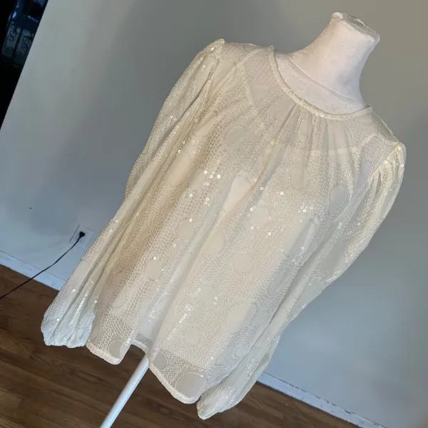 Eva Franco White Sequin Mesh Puff Sleeve Blouse SE10054AN Size S - Image 9