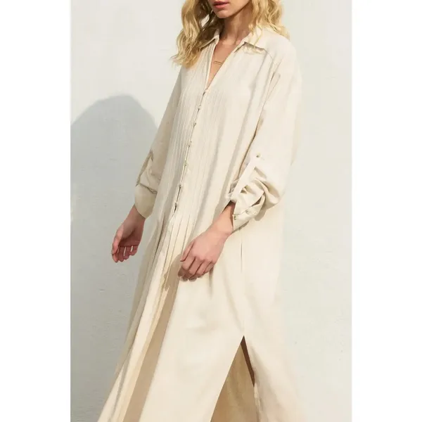 $139 Dress Forum Cotton Linen Pleated Longline Shirt Dress in oatmeal, NWT L - Image 6
