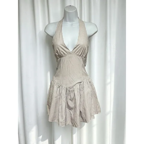 MORE TO COME Yolani Mini Dress XS NWOT Striped Halter Neck Pleated Skirt Revolve - Image 8