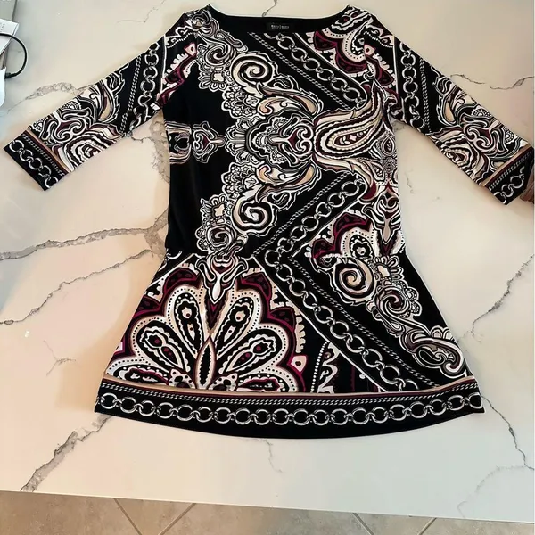 White House Black Market black print tunic long-sleeve Sz S EUC - Image 2