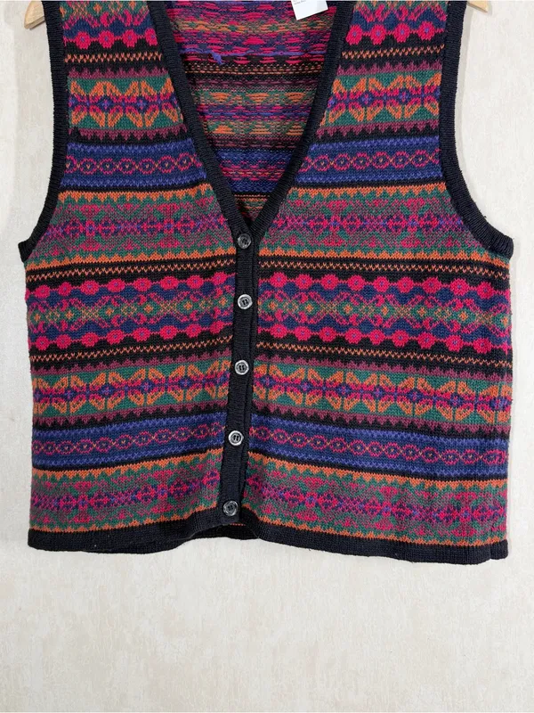 Erika Classics Women’s Vintage 90s Ramie Cotton Cardigan Vest in Fair Isle M - Image 2