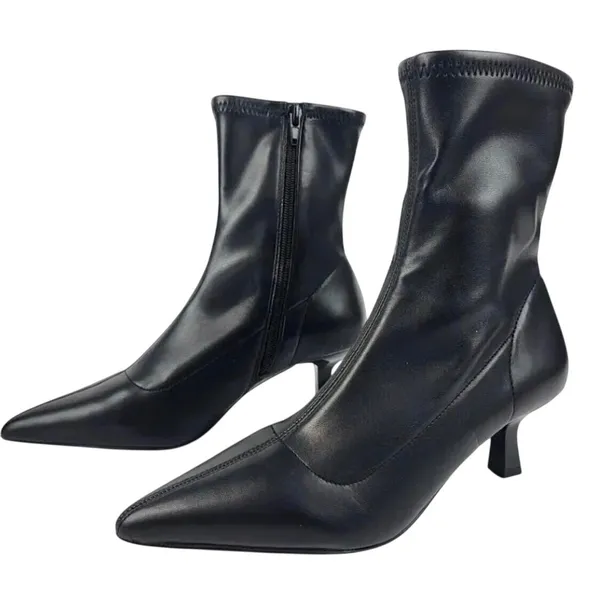 Abound Black Pointed Toe‎ Kitten Heel Sock Ankle Boots Faux Leather Size 8M - Image 3