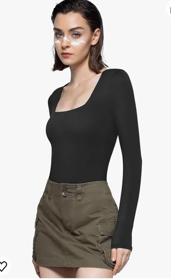 PUMIEY Women's Square Neck Long Sleeve Bodysuit Sexy Body Suit Tops Smoke Cloud Pro - Image 2