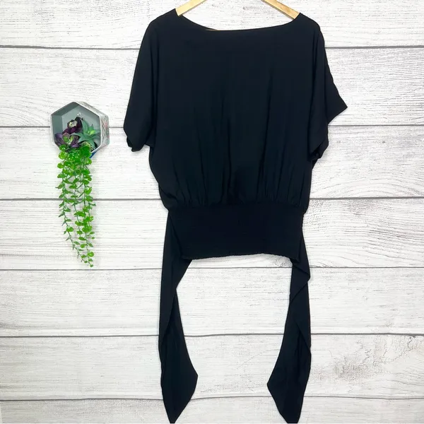 Ann Taylor Black Boatneck Dolman Sleeve Smocked Waist Tie Back Top Size Large - Image 7