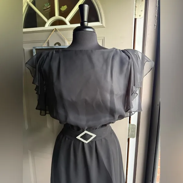Vintage 60/70s black chiffon flutter sleeve belted dress, size medium large - Image 6
