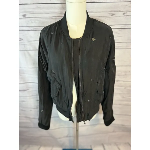 Rails Ace Studded Bomber Jacket Black Size M Star Detail, Zip Front, Flaws - Image 2
