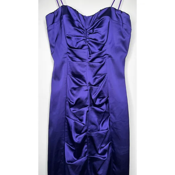 Vintage 1990s Cache Purple Satin Ruched Strapless Mini Dress XS - Image 4