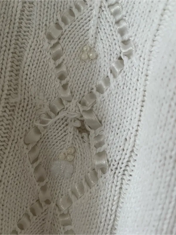 Vintage White Crochet Knit Sweater Pearl Embellished Large Cottagecore Grandma - Image 7