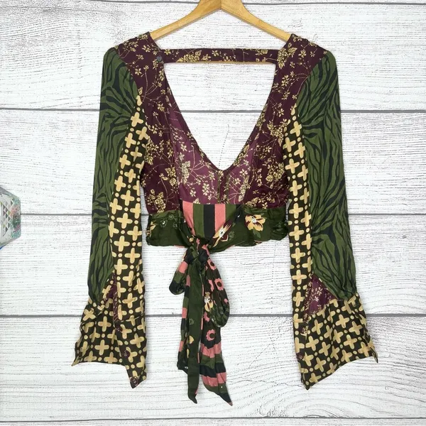 Z&L Boho Floral V-Neck Wrap Tie Long Sleeve Festival Crop Top Size Small - Image 8