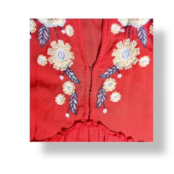 Free People Red Embroidered Long Sleeve Mini Dress Tiered Gauzy Boho Cottagecore - Image 5
