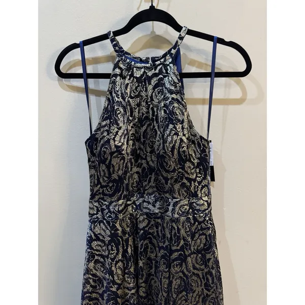 Betsy‎ And Adam Metallic Floral Jacquard Dress Size 2 Slit Halter - Image 5