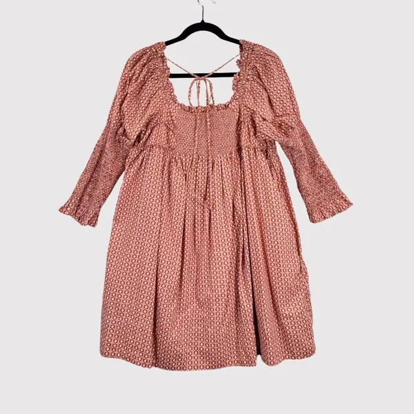 Free People Mini Dress Red Star Dip Smocked Allover Print Loose A Line Large - Image 3