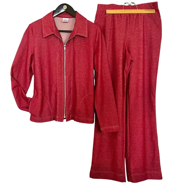 Vintage Weekenders Red Denim Knit Track Suit Set: Zipper Jacket & Leisure Pants - Image 2