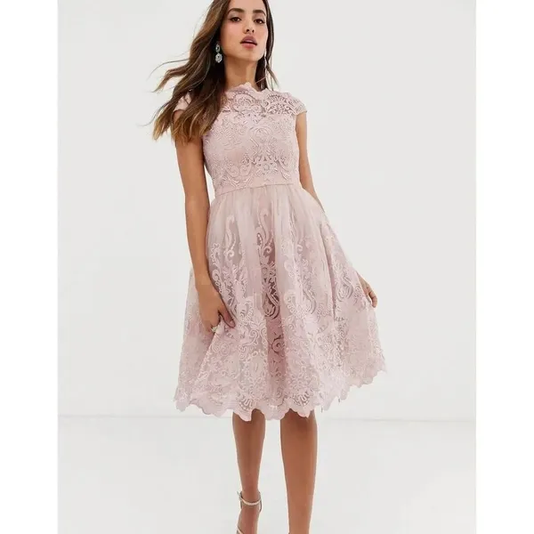 Chi Chi London Lace Premium Lace Midi Prom Dress With Bardot Neck In Mink - Image 4