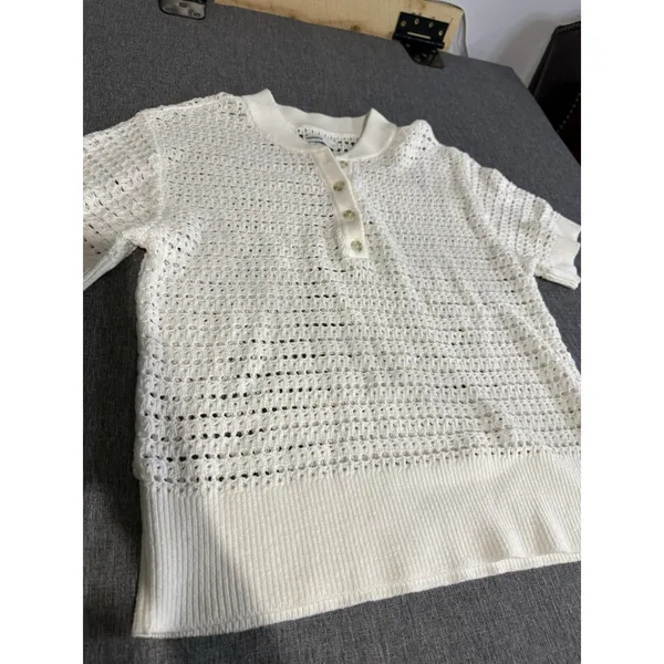 Sonoma Goods For Life White Open-Knit Collared Short Sleeve Pullover Sweater M - Image 3