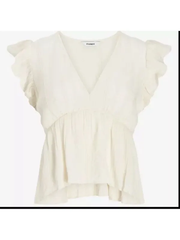 Express Women's Ivory Embroidered Ruffle Sleeve V-Neck Blouse Size M - Image 2
