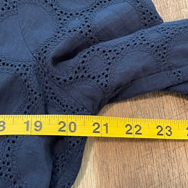 J Crew Navy Blue‎ Cotton Eyelet Dress V Neck 3/4 Sleeve Scalloped Hem Women's 14 - Image 8