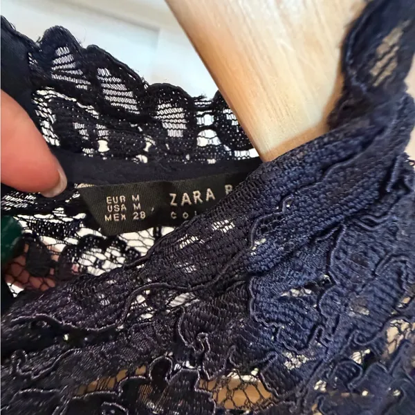 ZARA Lace Yoke High Neck Blouse Striped Tie Waist Top Size M - Image 3