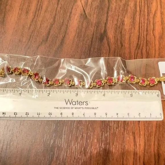 new Jewelry Red Crystal Gold‎ Tone Floral Link Bracelet Tennis Style New - Image 3