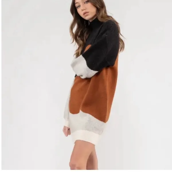 Blu Pepper Sweater Dress Small‎ Knit Long Sleeve Pullover Mock Neck Color Block - Image 4