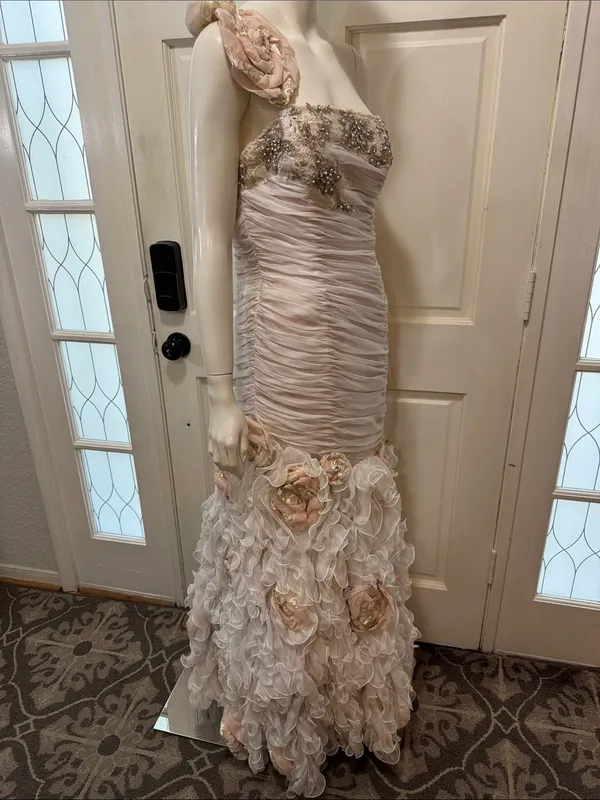 Mac Duggal Strapless Blush Pink Floral Ruffle Mermaid Gown Size 8 - Image 6