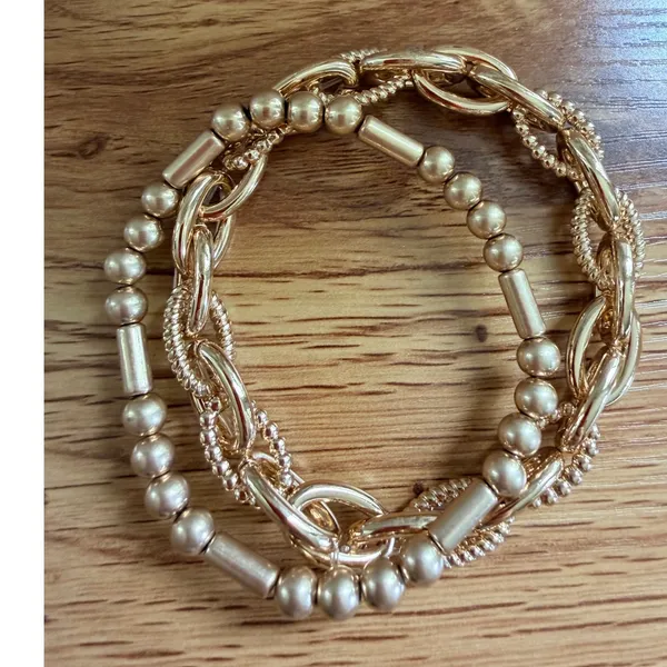 Gold Chunky Link and Beaded Stretch Bracelet Set OS‎ - Image 6
