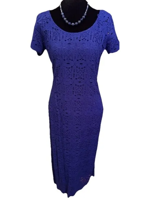 Roz & Ali Royal Blue Lace Sheath Midi Dress Size 12 Short Sleeve - Image 3