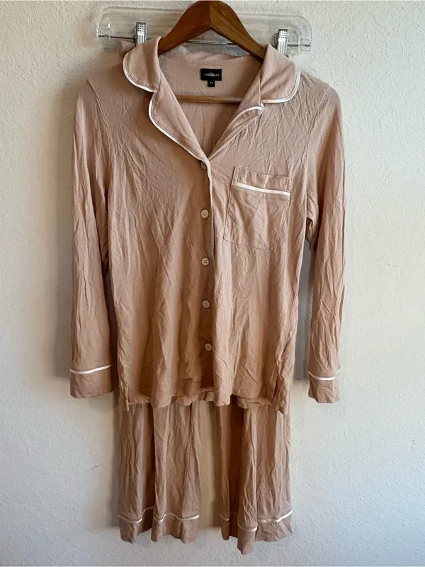 Cosabella Beige Long Sleeve Button Down Top and Pants Pajama Set Petite Small - Image 2