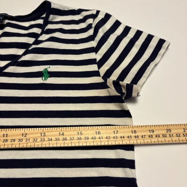 Ralph Lauren Sport T-Shirt Women Large Navy White Striped V-Neck Pima Cotton - Image 6
