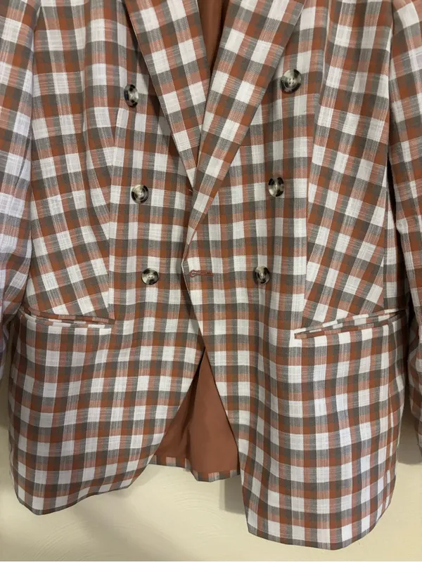 Nine West Plaid Double Breasted Blazer Brown Check Jacket M - Image 7
