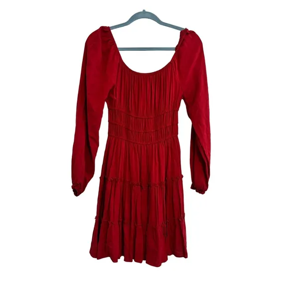 Altar'd State Mini Dress Cottagecore Red Smocked Tiered Long Sleeve‎ Medium NWT - Image 2