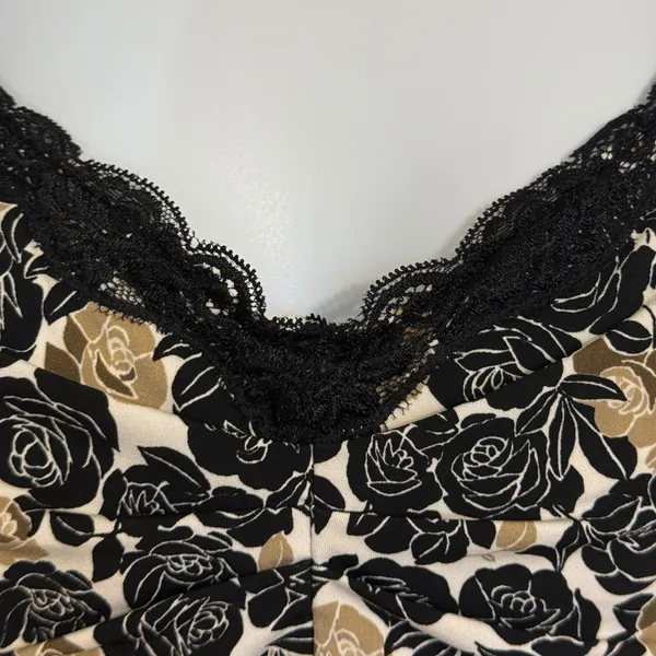 WHITE HOUSE BLACK MARKET Rose Floral Lace Trim Camisole Tank Top Black Tan EUC M - Image 3